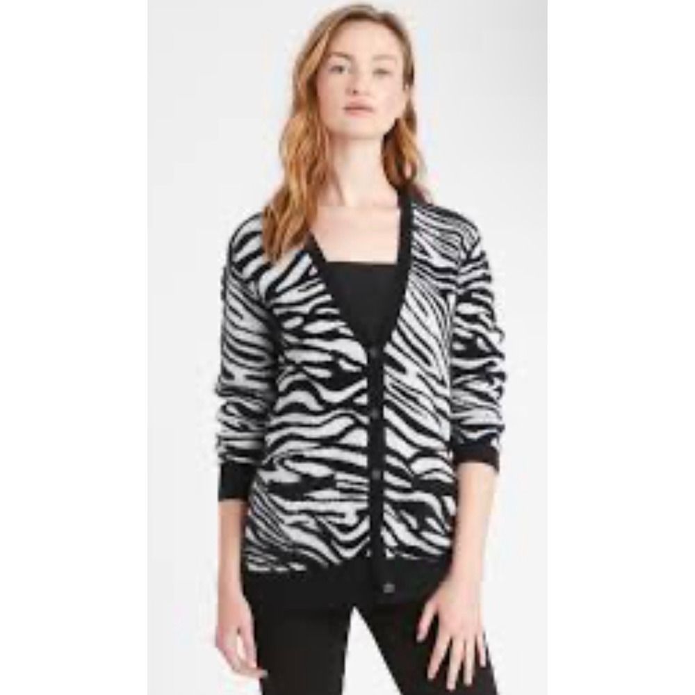 Banana Republic‎ V-Neck Fuzzy Zebra Print Cardigan Sweater Black White Small S